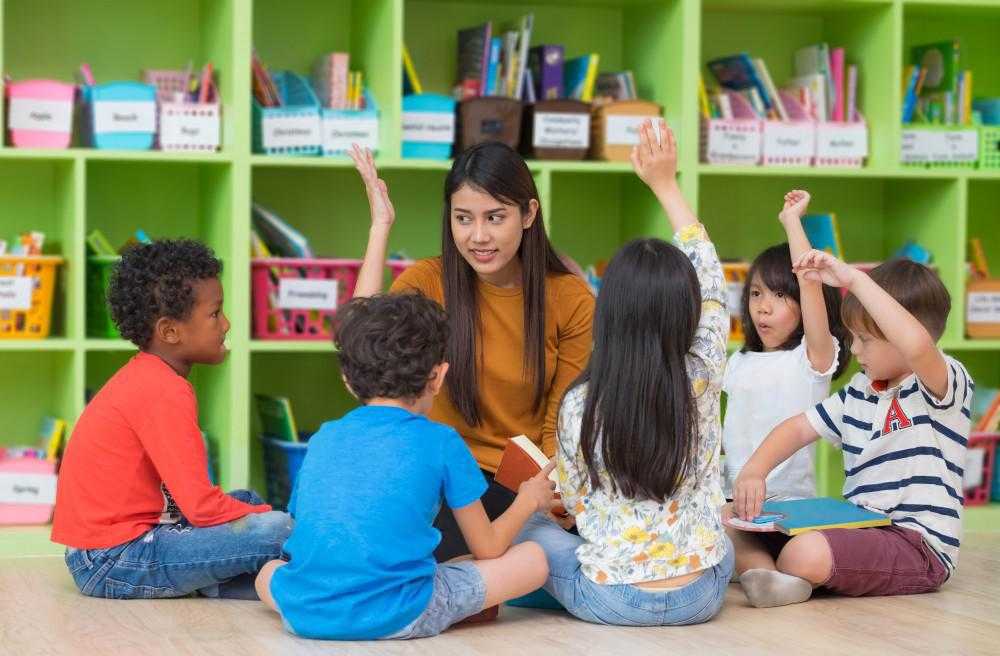 children raise their hand and sit in a circle around a teacher who is reading to them