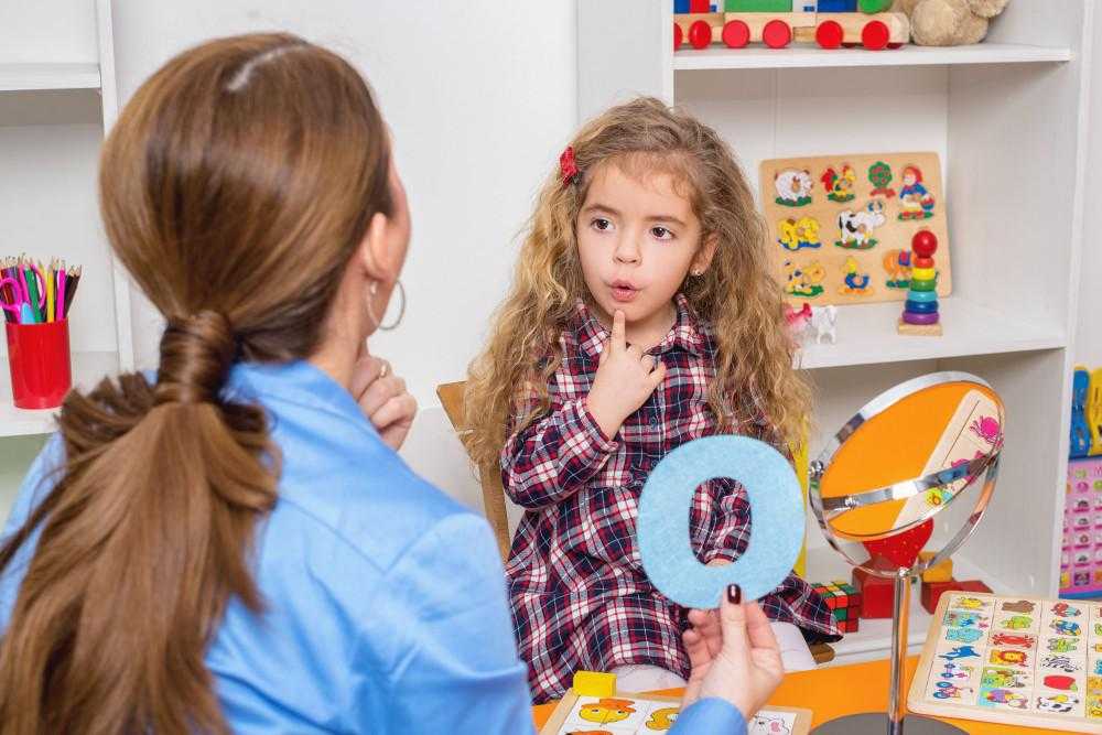 a woman and a young child point to their chins as the young girl learns the letter O that the teacher holds up